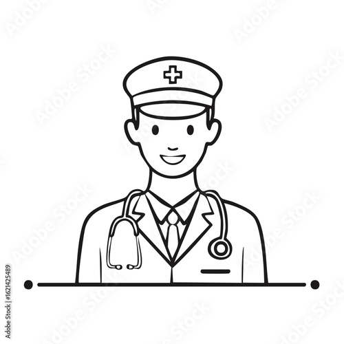 Smiling Doctor in Uniform with Stethoscope and Hat Line Art Medical Professional Outline Drawing Isolated