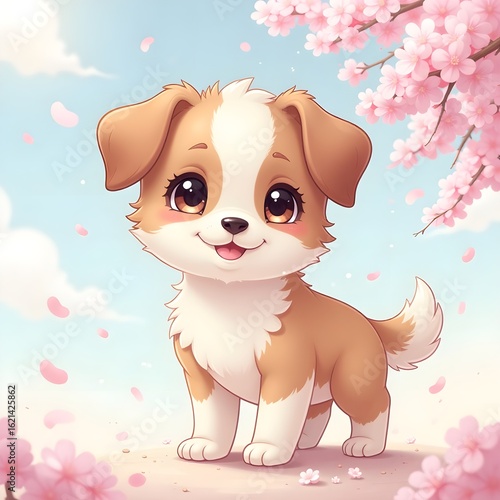 Adorable Cartoon Puppy Under Cherry Blossoms