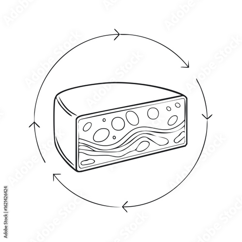 Cheese wedge icon with circular arrows symbolizing the production and aging process