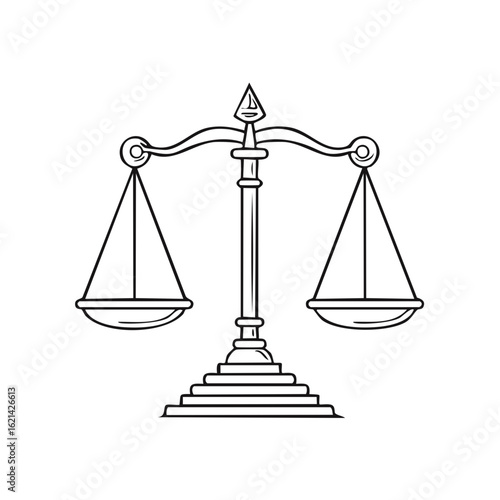 Black and white illustration of antique weighing scales of justice symbolizing balance and law