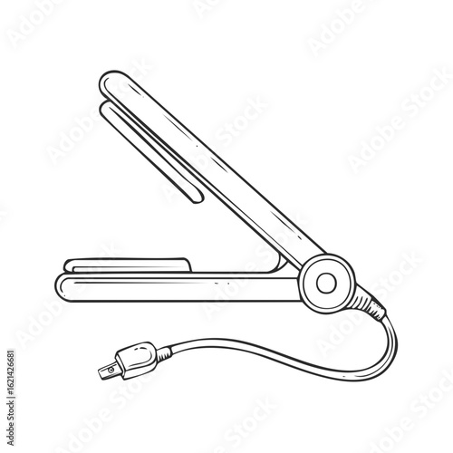 Stylized Hair Straightener Illustration Open Tool for Hair Styling with Cord and Plug Hand Drawn Sketch