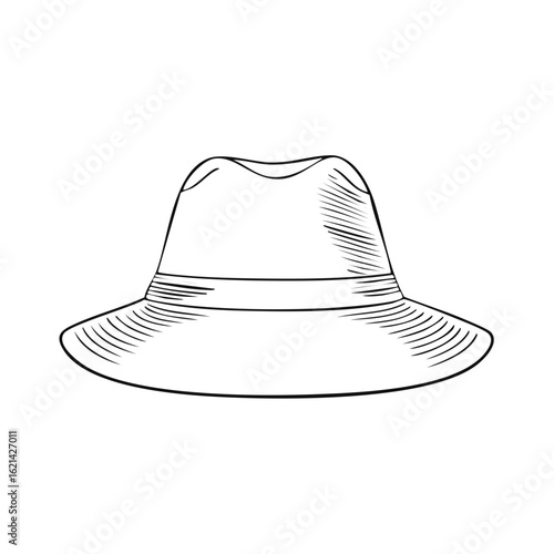 Fedora hat sketch with striped band and brim detailed with hatching texture