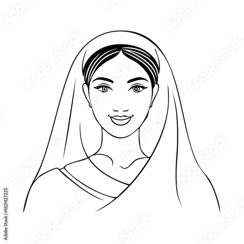 Line art of a woman in a traditional headdress and dress, black and white portrait illustration