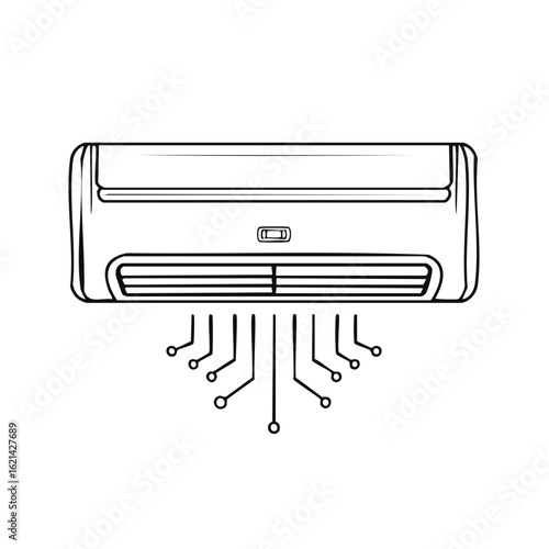 Smart air conditioner with digital circuit lines representing home automation technology line art icon