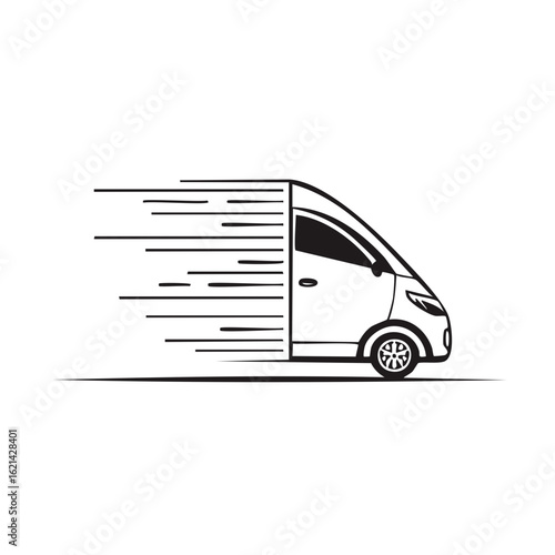 Speeding delivery van moving fast with motion blur lines on white background