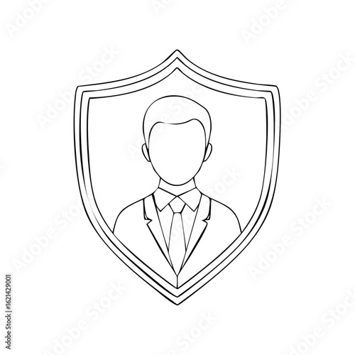 Line art drawing of a businessman in a suit and tie inside of a shield frame