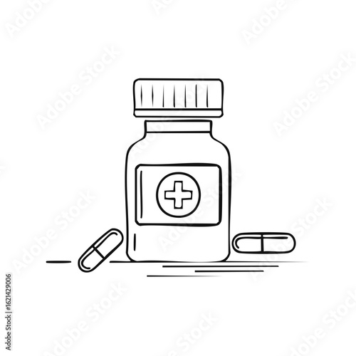 Black and white line art illustration of a medicine bottle with medical cross and pills