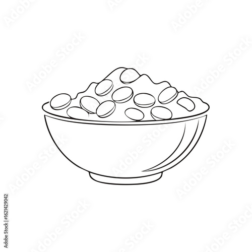 Bowl of beans simple black and white outline illustration. Line art food icon for coloring page.