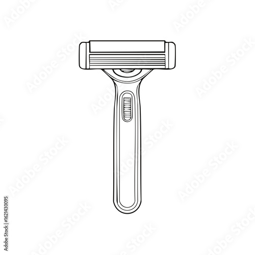 Simple line drawing of a modern razor with multiple blades and a textured handle.
