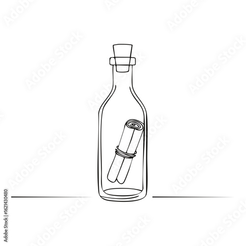 Delicate illustration of a rolled message inside a corked glass bottle