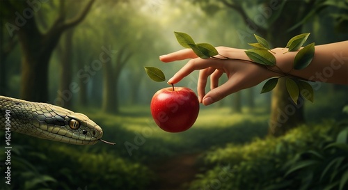Serpent offers forbidden apple to human hand in lush forest setting
