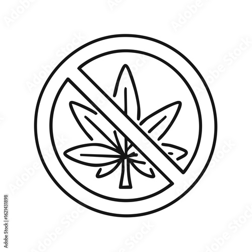 No cannabis sign simple black and white line art icon of marijuana prohibition symbol