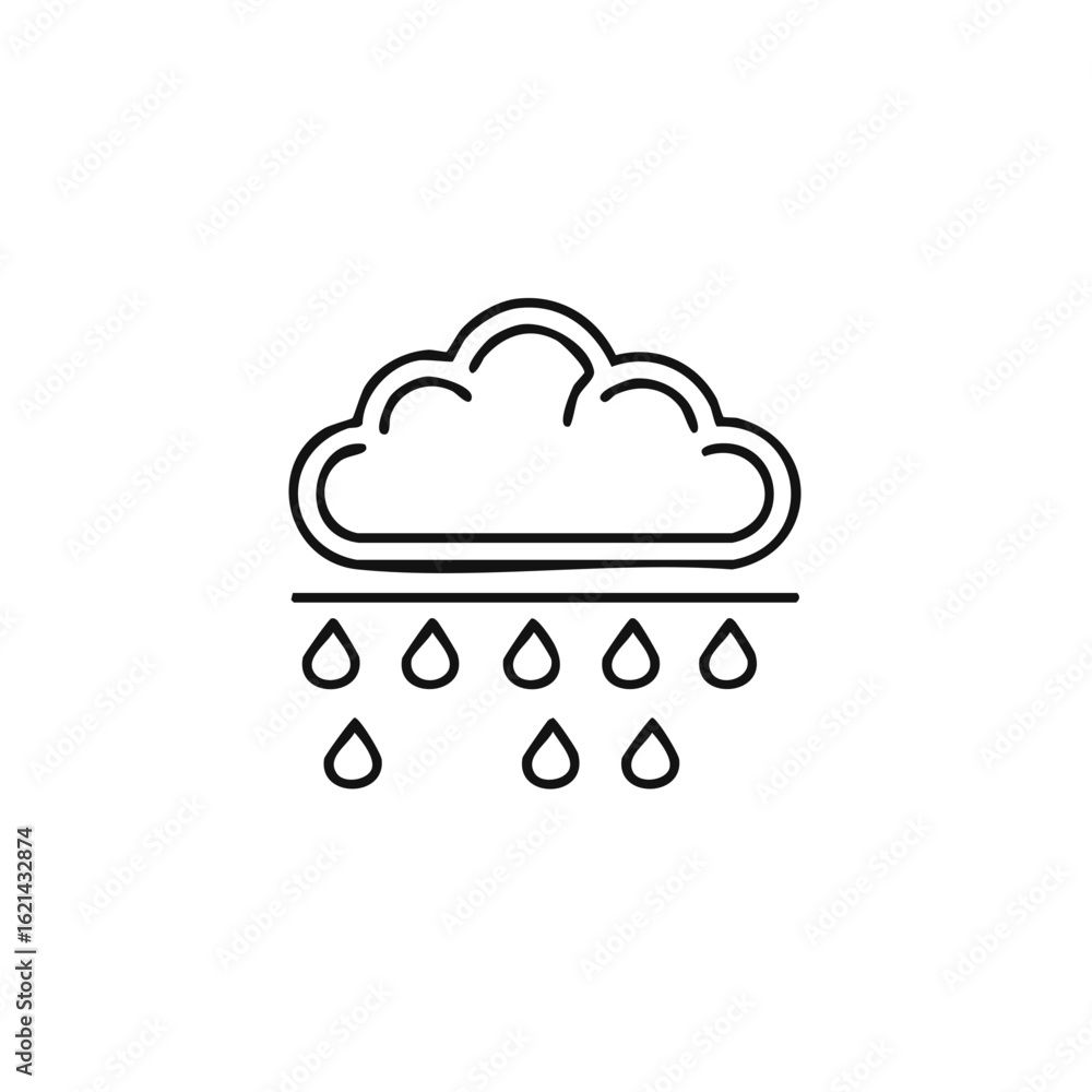 Line art illustration of a cloud raining water drops Line art illustration of a cloud raining water drops
