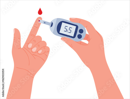 Blood glucose test vector concept showing hands holding glucometer measuring sugar level by finger stick ideal for diabetes monitoring and analysis designs