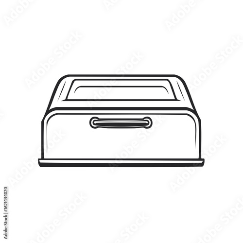 Monochrome line art icon of a cash register drawer or till, front view illustration.