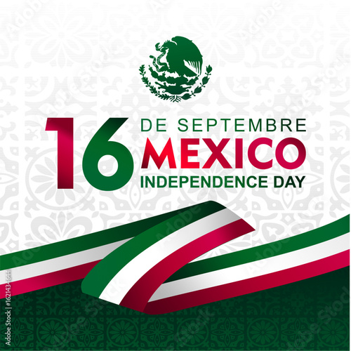 16 De Septiembre Independencia De México, means Mexico Independence Day 16th September. Banner with ornament patterns and ribbon illustration. Great for cards, posters, banners and social media.