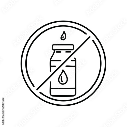 Symbol Prohibiting Liquid Dropping Bottle, Indicating Restriction on Liquids in Containers, Black and White Icon