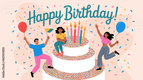 Illustration of happy birthday celebration with cake, balloons, and confetti