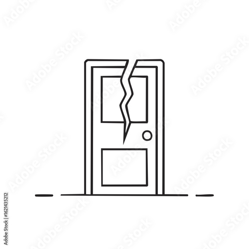 Line icon of a cracked door representing property damage and forced entry