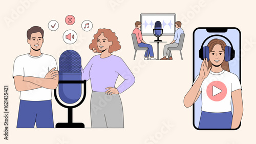 Illustration of podcast recording session with hosts, guest, and listener