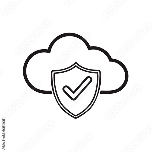 Cloud Security Icon Featuring Shield with Check Mark Outlines Information Technology