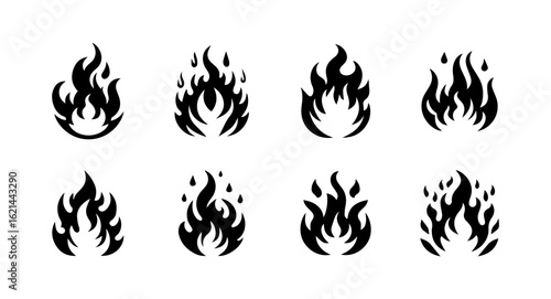 Collection of Black Fire Flame Icons in Modern Minimalist Vector Design