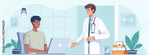 Friendly doctor consulting with young patient using laptop for healthcare solutions, offering telemedicine for convenient medical advice and support