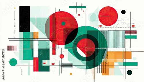 Abstract geometric art Red, green shapes overlap; lines intersect; white background; design element