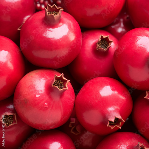 Macro Close-Up of Ripe Red Pomegranates. Glossy Fresh Fruit Surface with Natural Texture and Crown Details. Healthy Organic Food Background with Vibrant Color and Juicy Appeal.
