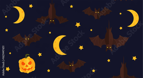 Seamless Halloween pattern with cartoon bats, crescent moons, yellow stars, and a spooky Jack-o'-lantern.