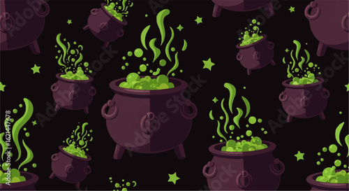 Seamless pattern of dark purple witch cauldrons with bubbling green magic potion.