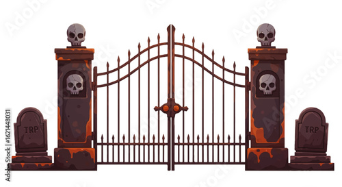 Cartoon Spooky Rusty Cemetery Gate with Skull Pillars and Weathered Gravestones