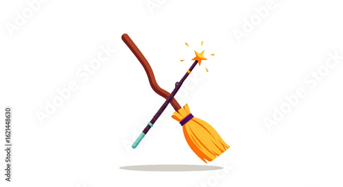 Whimsical Witch's Broom and Magic Wand Crossed Together