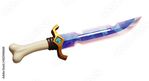 Fantasy dagger with a bone handle and a faceted blue crystal blade.