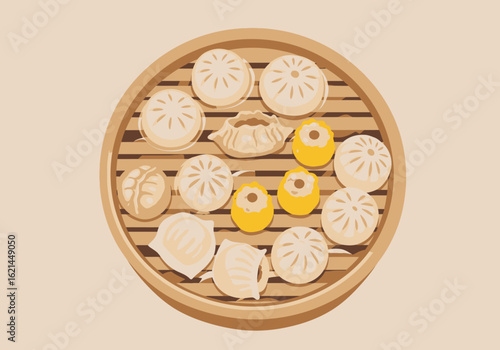 A bamboo steamer basket filled with various dumplings and buns