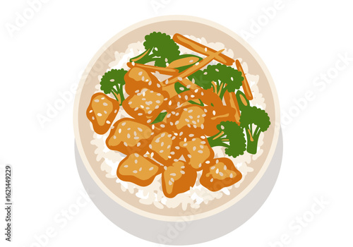 A bowl of sesame chicken broccoli  carrots atop rice viewed from above