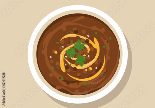A bowl of lentil soup is topped with cilantro  golden swirls