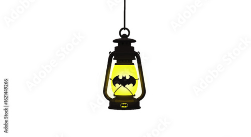 Hanging black metal lantern with bright yellow glow and prominent Batman logo illustration.
