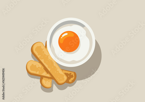 A cartoon image showing a fried egg in a bowl with breadsticks beside it on a plain surface