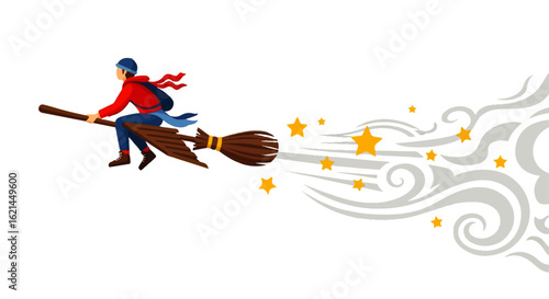 Cartoon Character Flying on a Broomstick with Stars