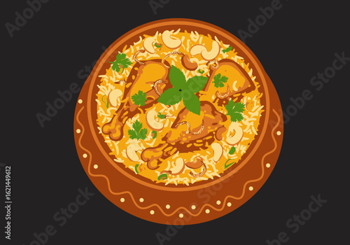 A clay pot filled with chicken biryani garnished with mint cashews and coriander set against a solid dark backdrop