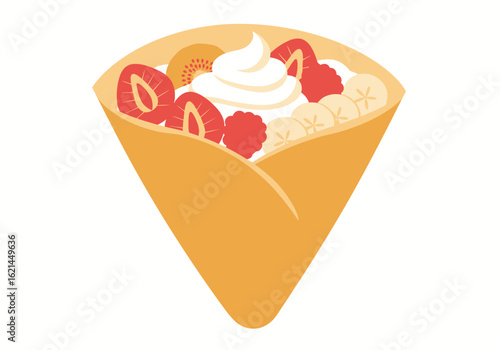 A crepe cone is filled with fruit and whipped cream