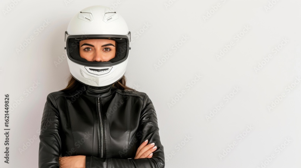 A motorcycle rider stands confidently in a white helmet, ready for the road, with a clean backdrop for focus. A motorcycle rider stands confidently in a white helmet, ready for the road, with a clean backdrop for focus.