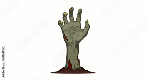 Decaying green zombie hand with bloody wounds and long nails rising from the ground.