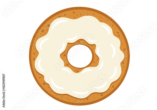 A frosted donut with a hole in the middle and light brown icing