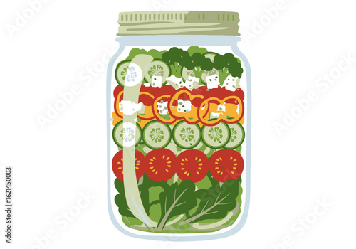 A jar filled with layers of vegetables including lettuce tomatoes cucumbers peppers and broccoli