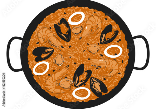 A pan of paella with rice mussels prawns squid rings and spices served in a traditional black pan