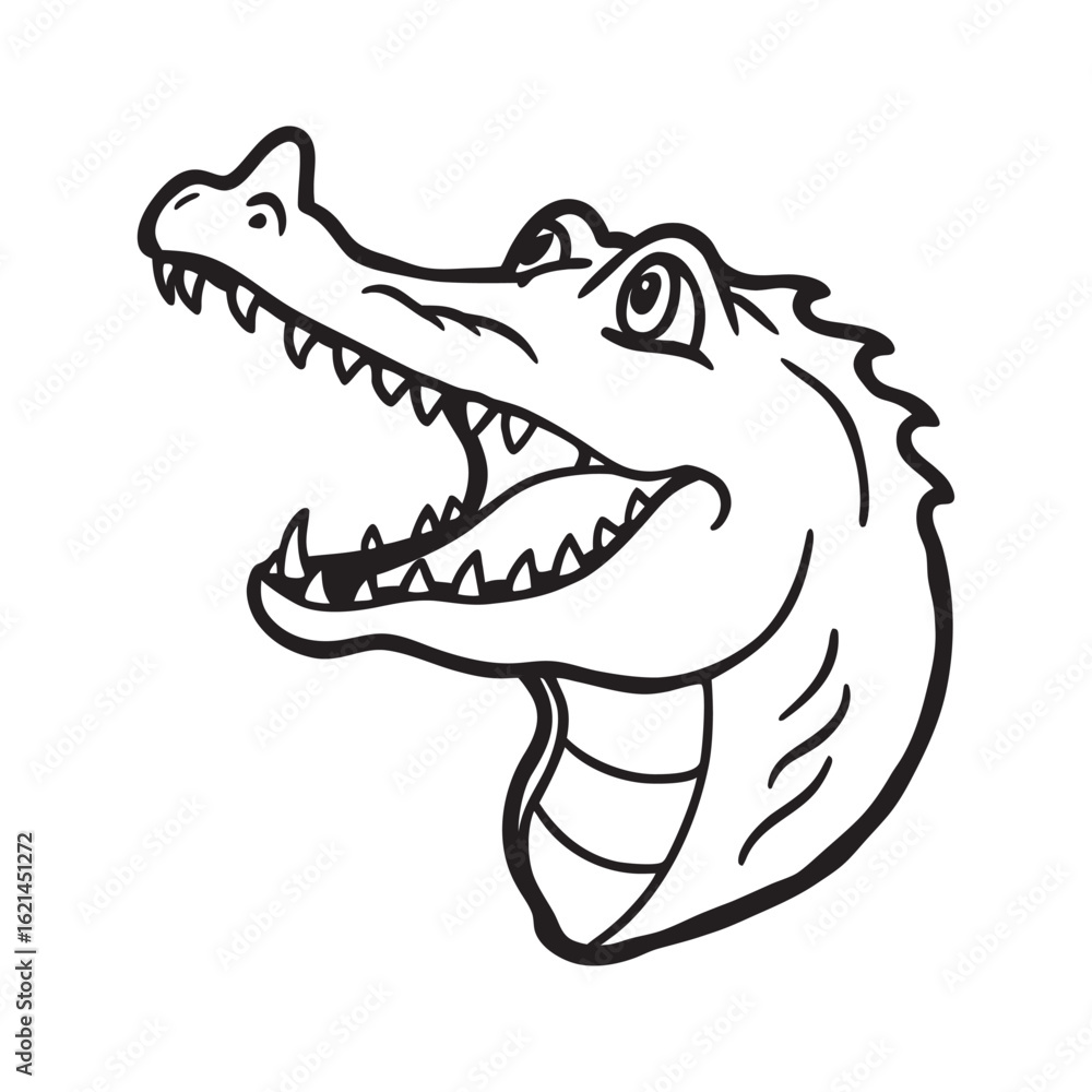 Fototapeta premium Cute Cartoon Alligator Head With Open Mouth and Sharp Teeth Simple Vector Line Art Illustration
