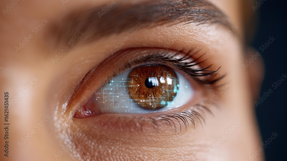 Obraz premium A striking closeup of a human eye illuminated by intricate cyber network graphics, showcasing the fusion of biology and technology.