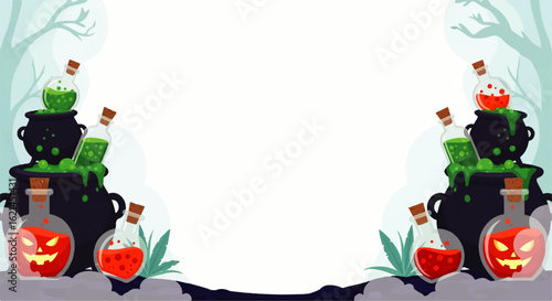 Spooky Halloween Cauldrons Overflowing with Bubbling Potions and Jack-o'-Lantern Bottles
